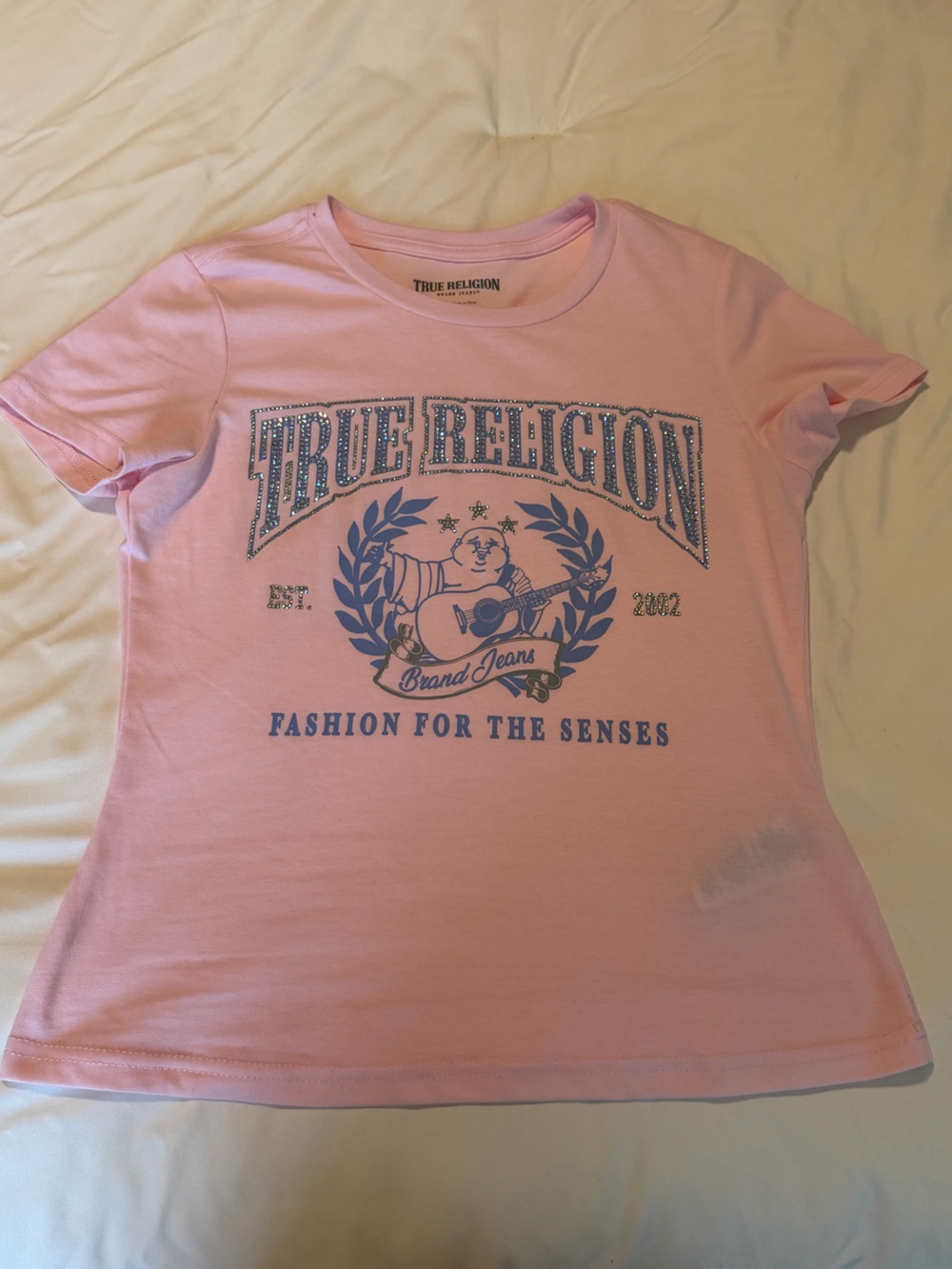 True Religion Light Pink Tee with Blue Graphic